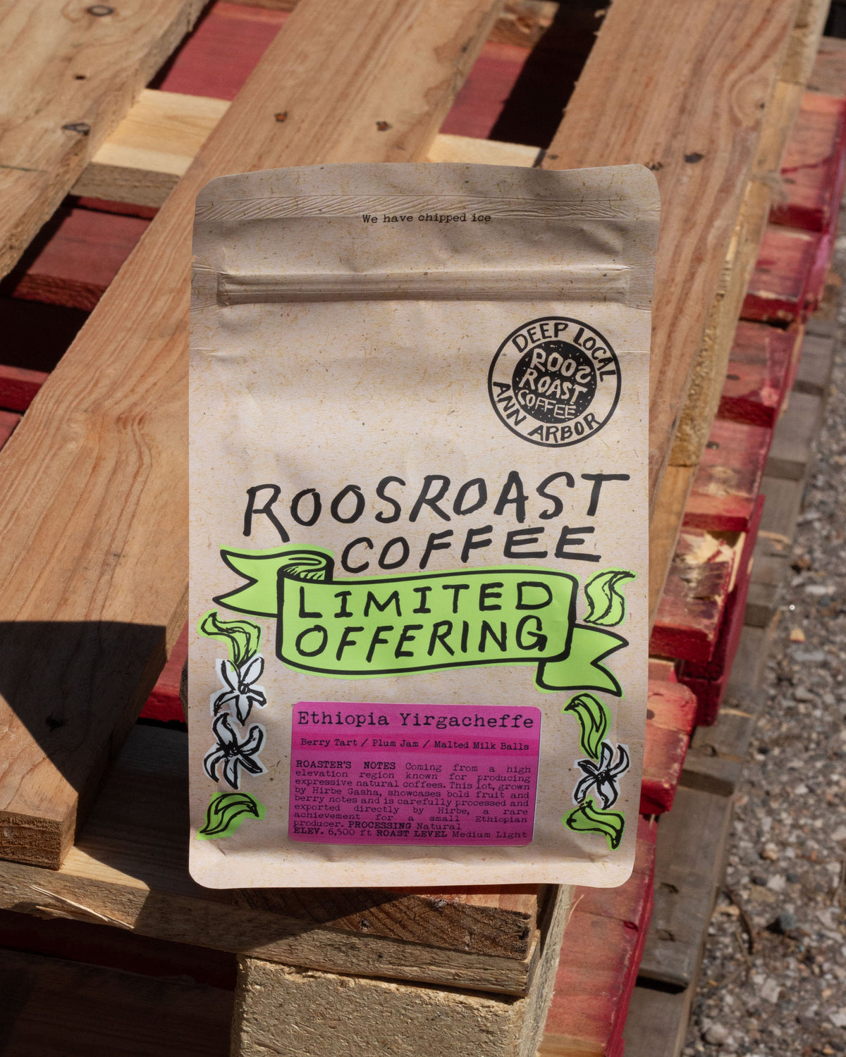 Roosroast Coffee package on a wooden pallet