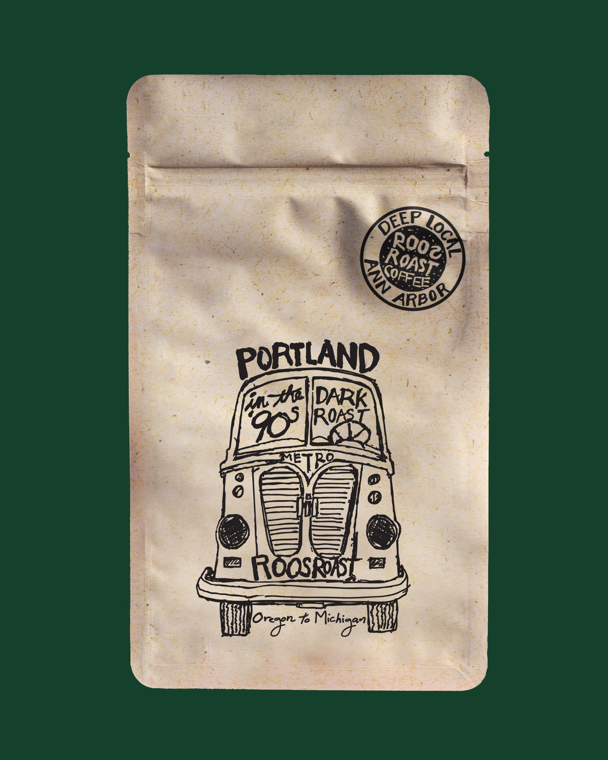 Coffee bag with a vintage truck illustration and 'Portland' text on a green background