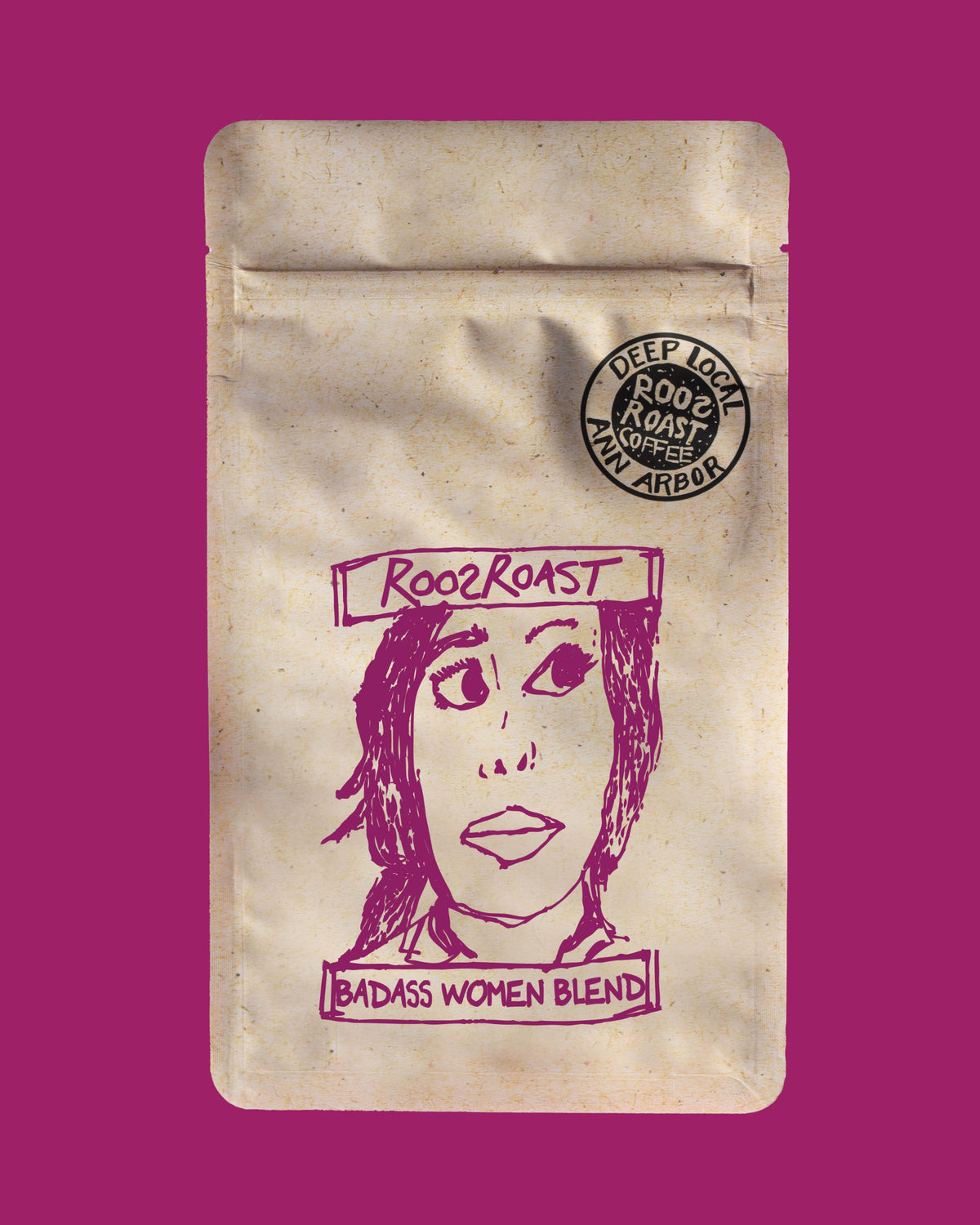 Coffee bag with a graphic of a woman's face and text on a purple background