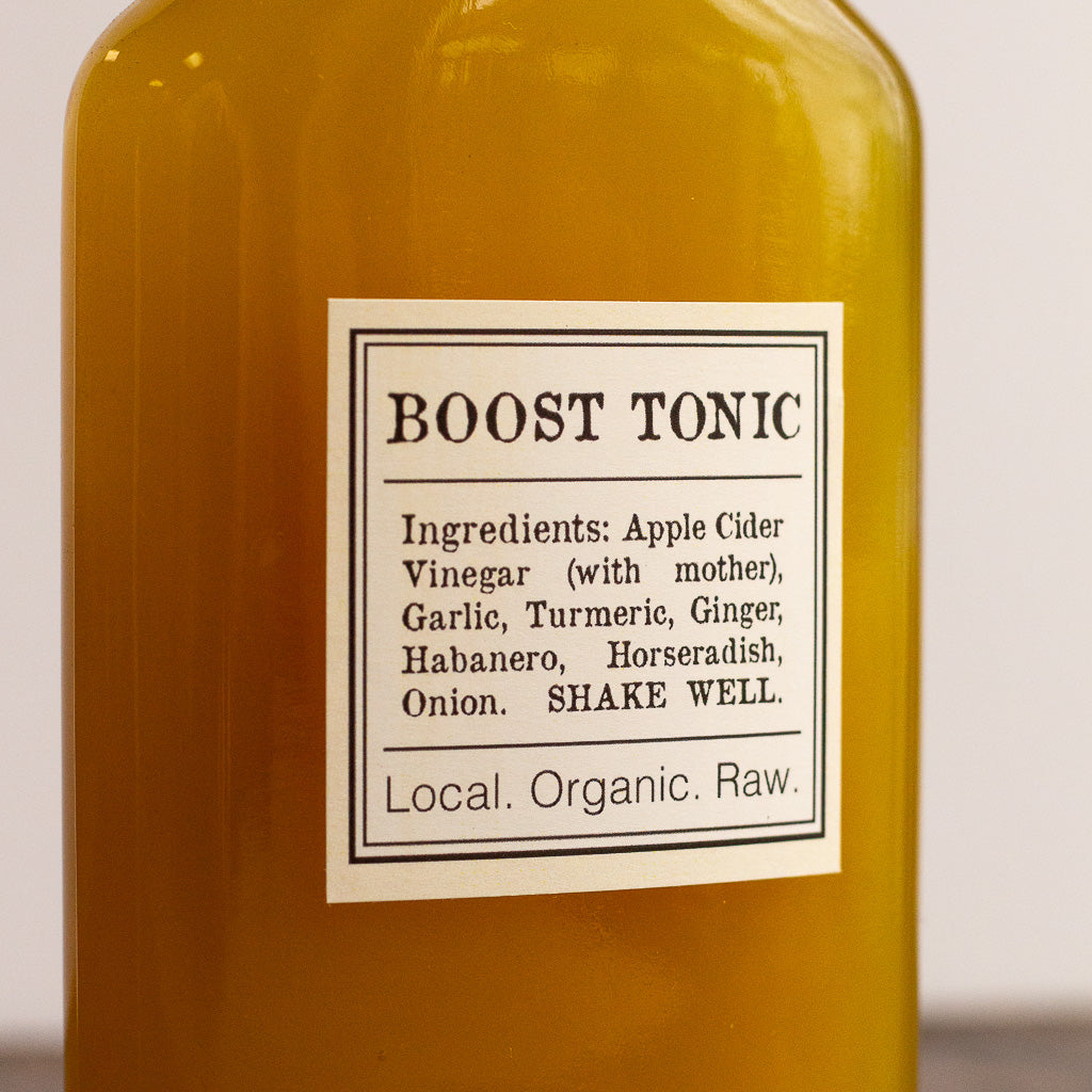 local organic raw boost tonic ingredients apple cider vinegar, garlic, turmeric, ginger, habanero, horseadish, onion