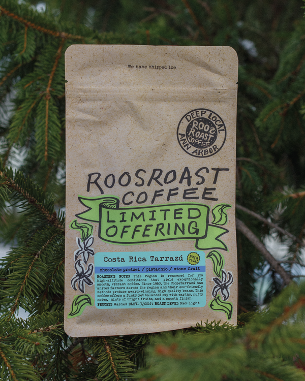 Roosroast Coffee package with 'Limited Offering' text against a green leafy background