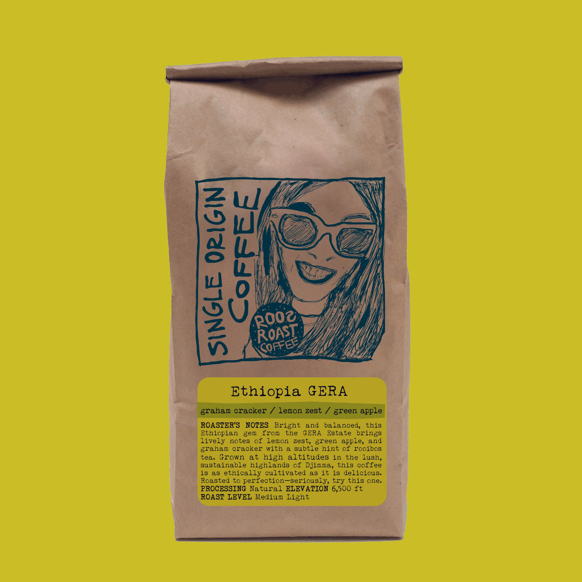 Brown coffee bag with a graphic of a woman and text on a bright yellow background