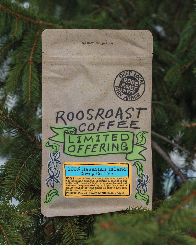 Roosroast Coffee package with 'Limited Offering' text against a green leafy background