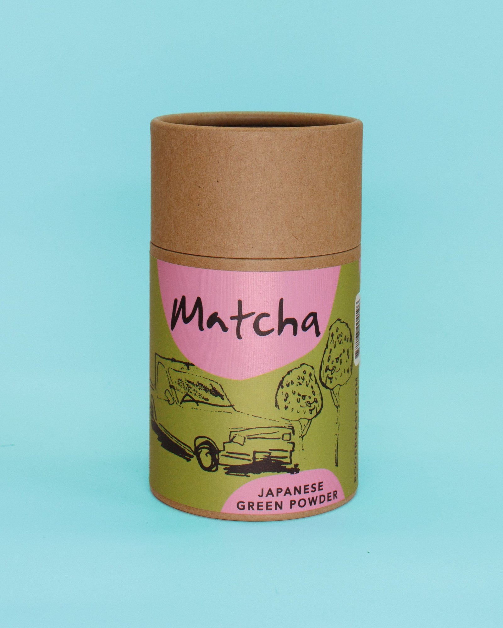 Cardboard container with 'Matcha' label on a blue background