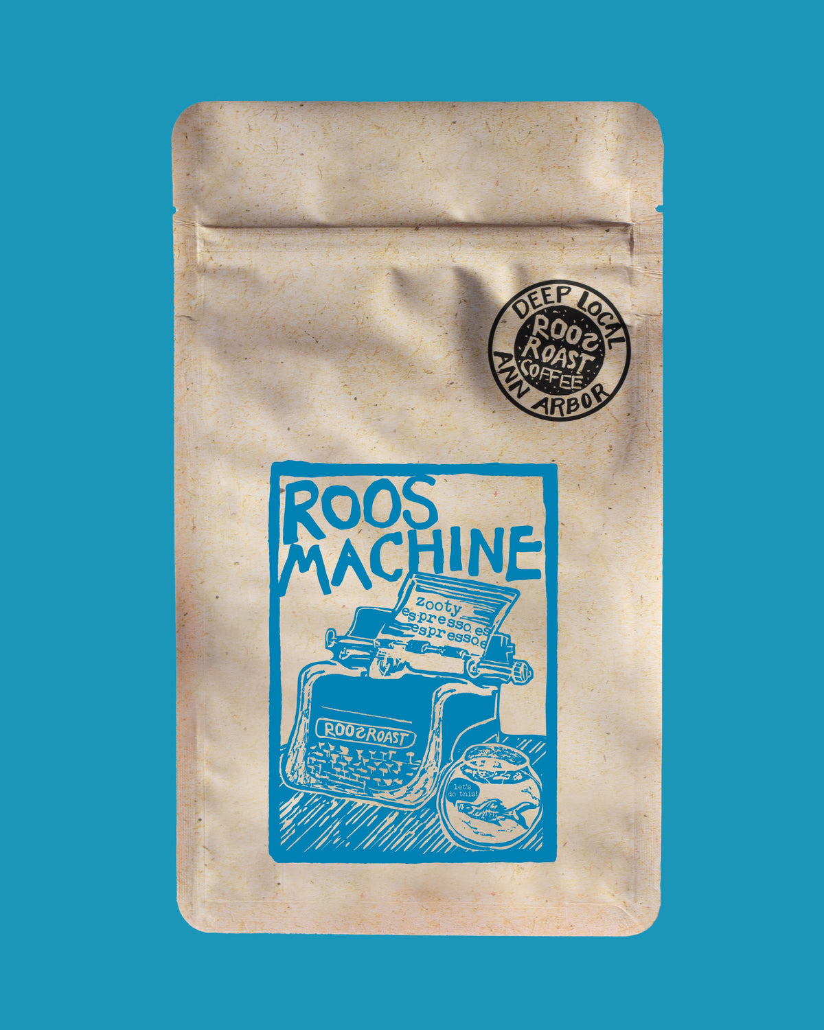 Coffee packaging with 'Roos Machine' branding on a blue background