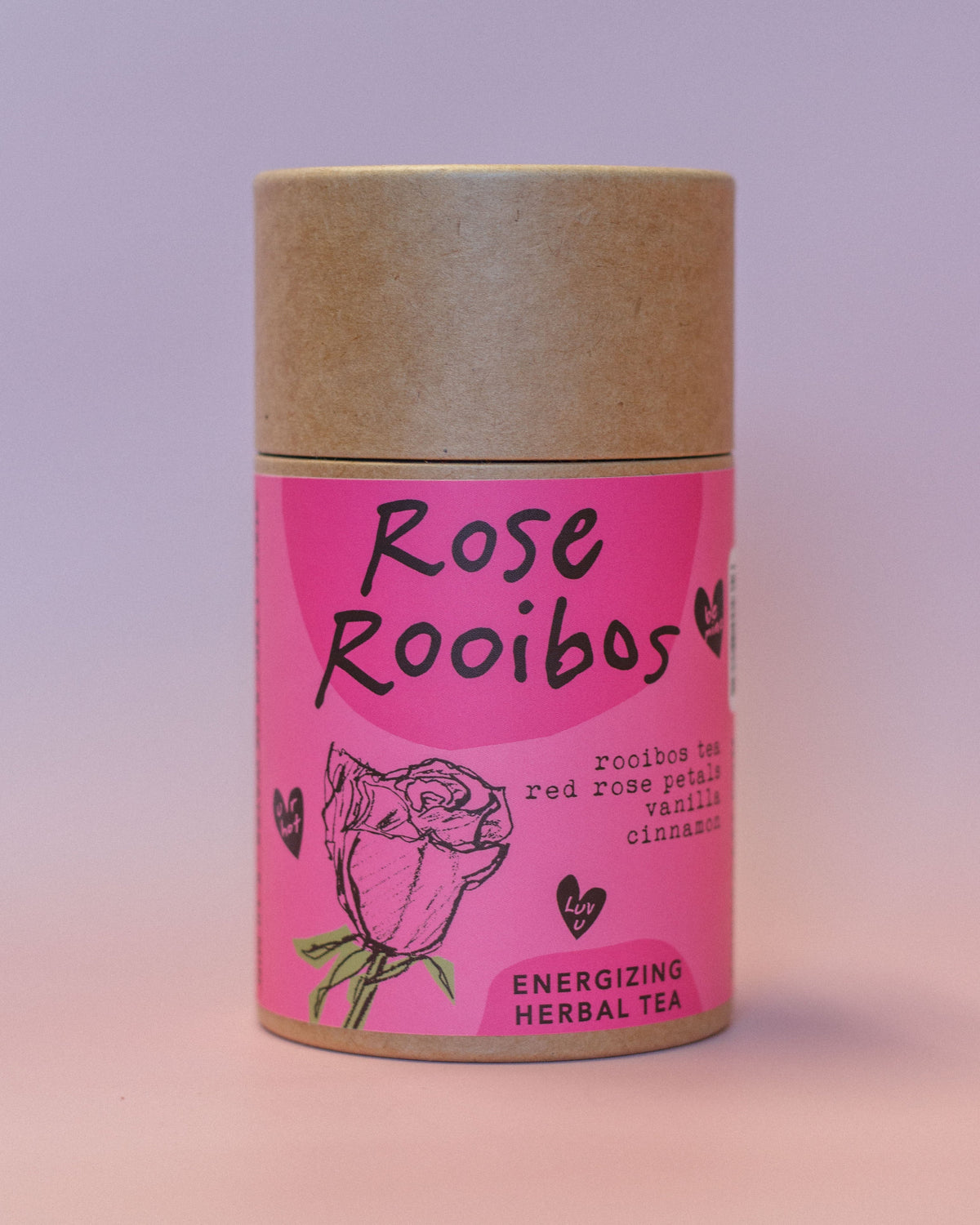 Tea canister labeled 'Rose Rooibos' with a pink label on a gradient background