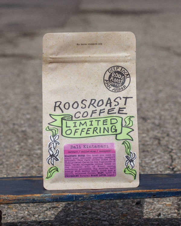 Roosroast Coffee package on a skateboard with a blurred background