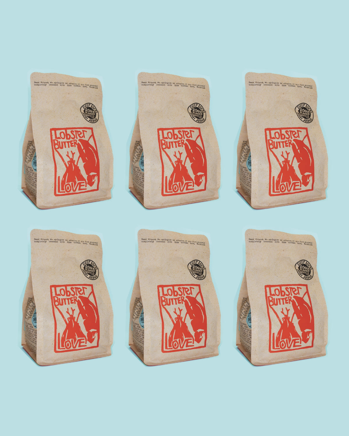 Six brown paper bags with red graphics and text on a light blue background