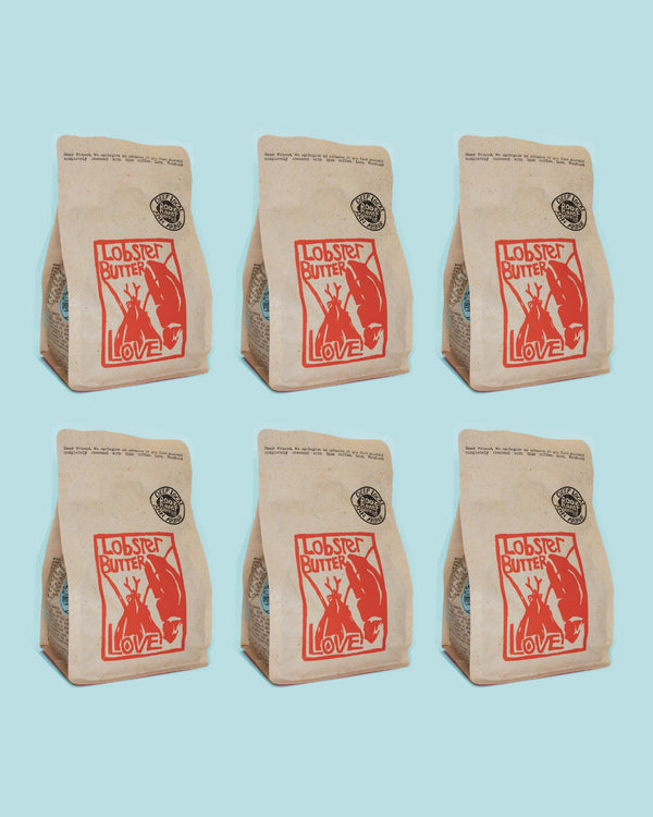 Six brown paper bags with red graphics and text on a light blue background