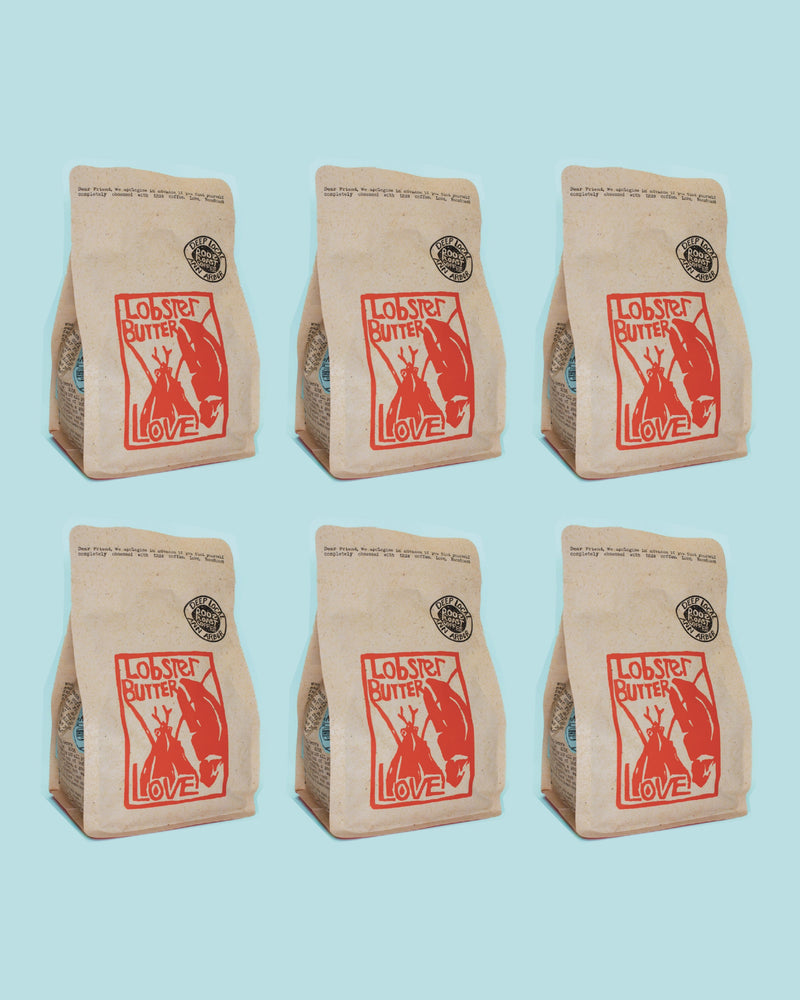 Six brown paper bags with red graphics and text on a light blue background