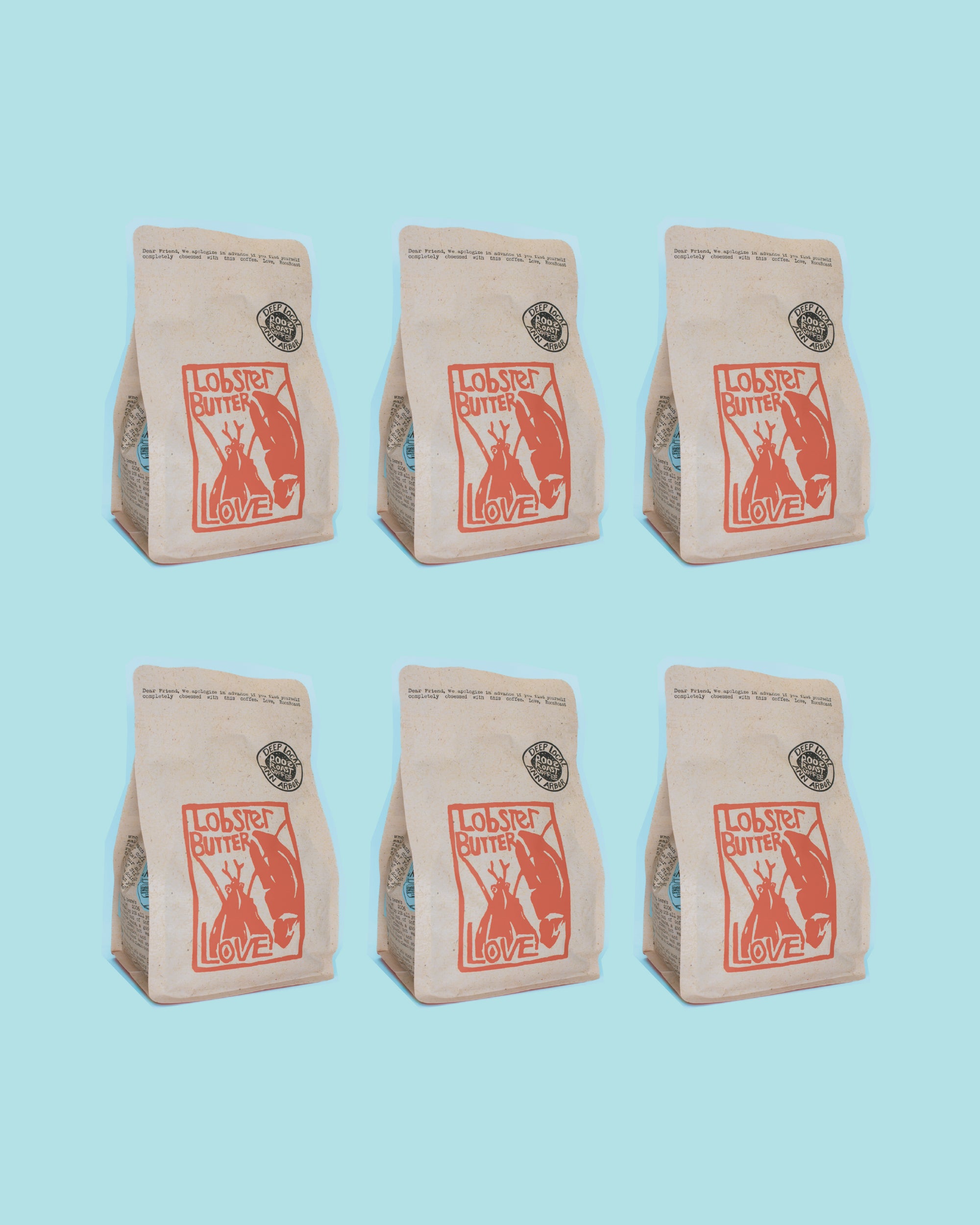 Six brown paper bags with red logo on a light blue background