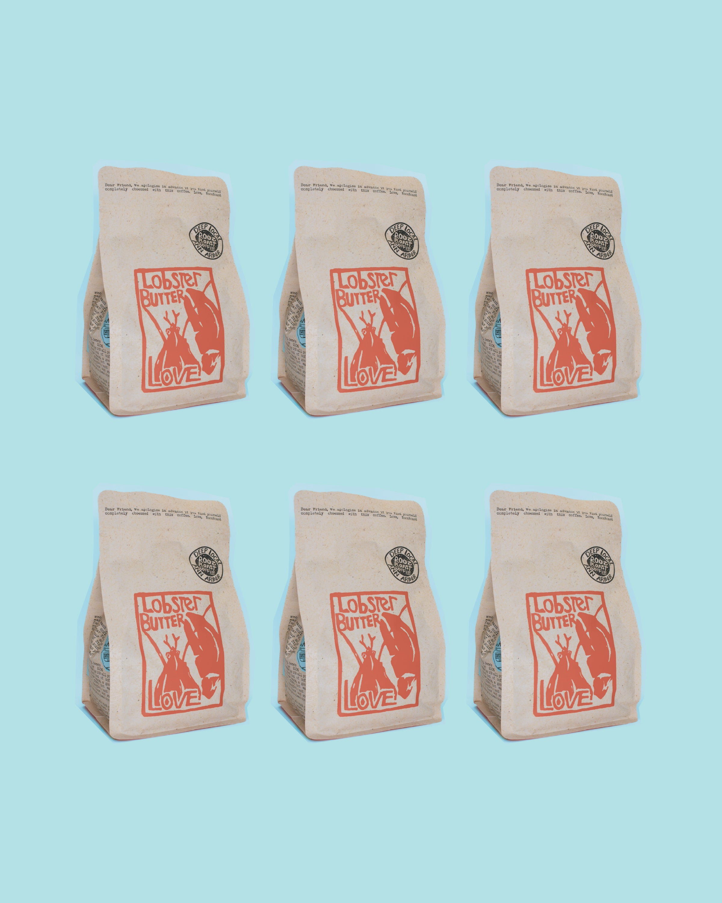 Six brown paper bags with red logo on a light blue background