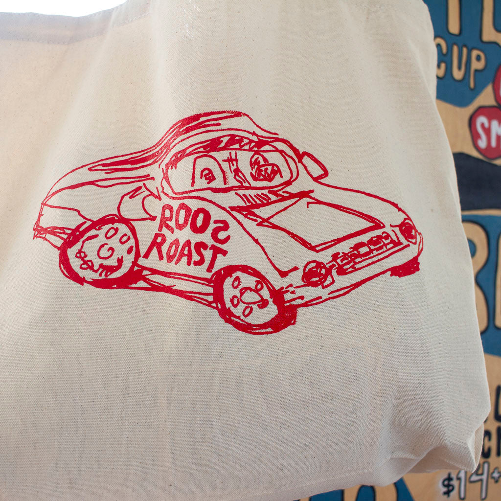 roosroast car design cotton canvas tote bag close up