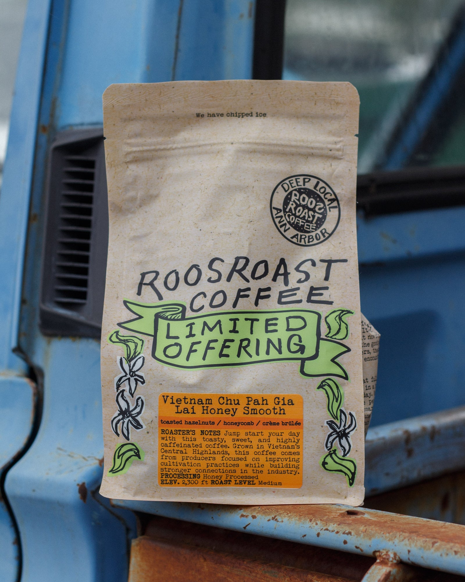 bag of coffee small batch on car