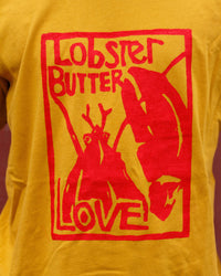 Yellow t-shirt with red 'Lobster Butter Love' graphic design.